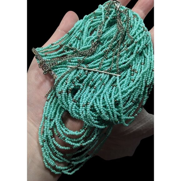 Multilayer Turquoise And Silver Tone Glass Beaded Necklace - Picture 3 of 6